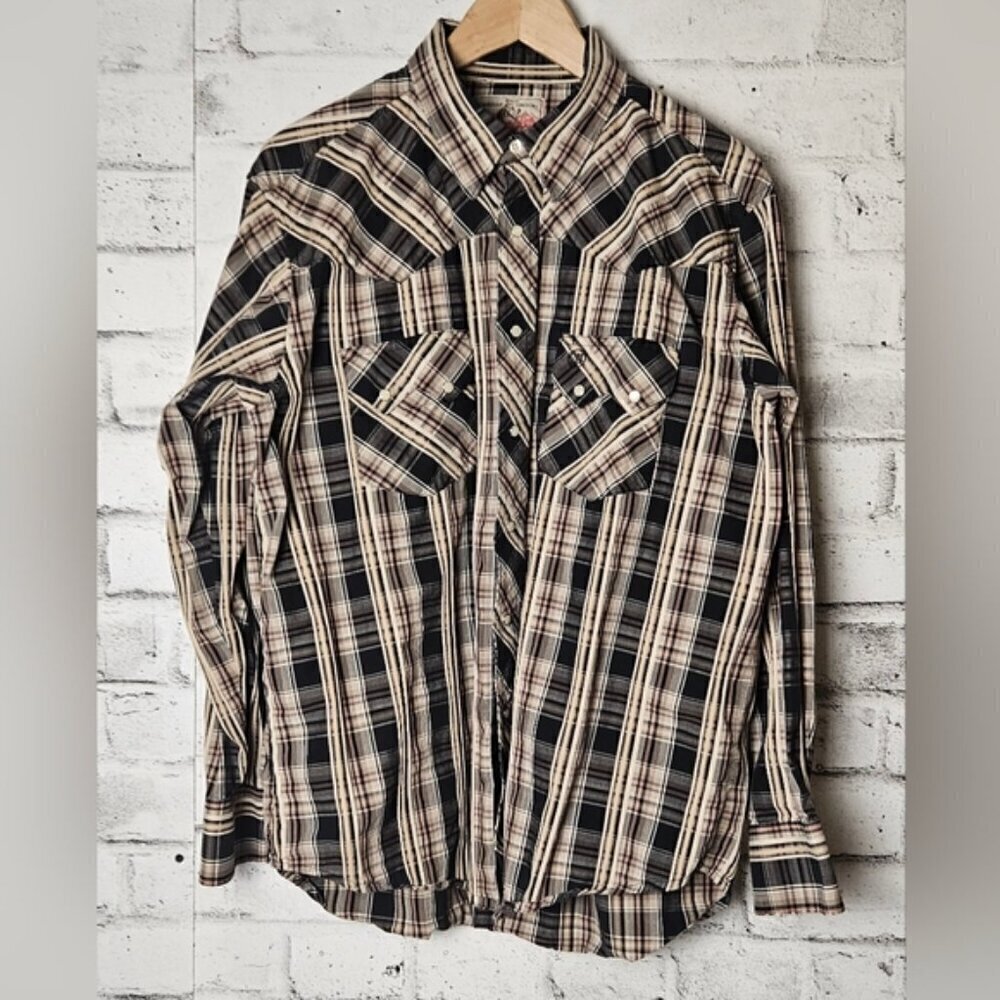 Vintage Wrangler Mens Western Pearl Snap Plaid Cowboy Shirt XL